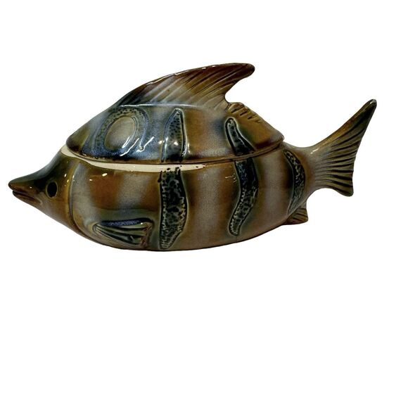 Art Glazed Pottery Fish Trinket Box Bowl With Lid Handmade Unmarked 7" - Picture 3 of 11